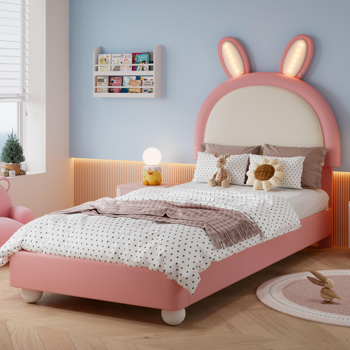 KINDERBETT Polsterbett 90/200 cm aus PU mit LED-Lichtleiste und Hasen-Kopfteil Rosa/Weiß - Weiß, Kunststoff (90/200cm) - Modenvie