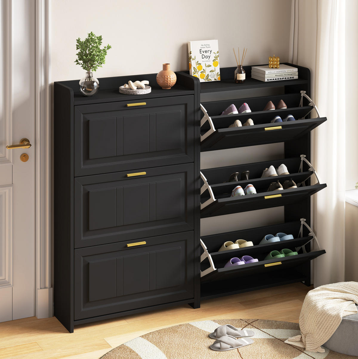 SCHUHSCHRANK 70/24/120 cm schwarz aus MDF/Spanplatte mit 3 Klapptüren 2er-Set - Schwarz, Holzwerkstoff (70/120/24cm) - OKWISH