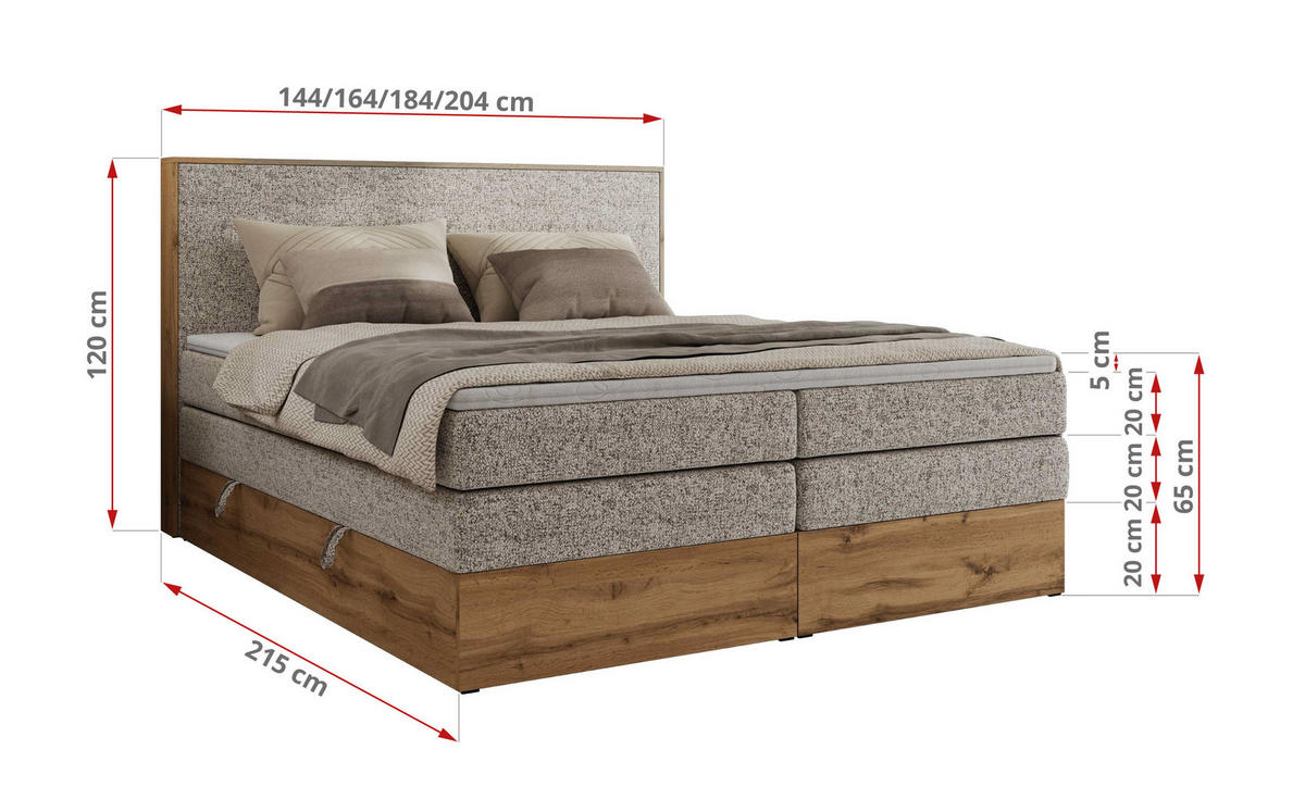 BOXBETT WOOD CLASSIC KING 160/200 - Beige Strukture - H4 - Beige, Textil (160/200cm) - MKS