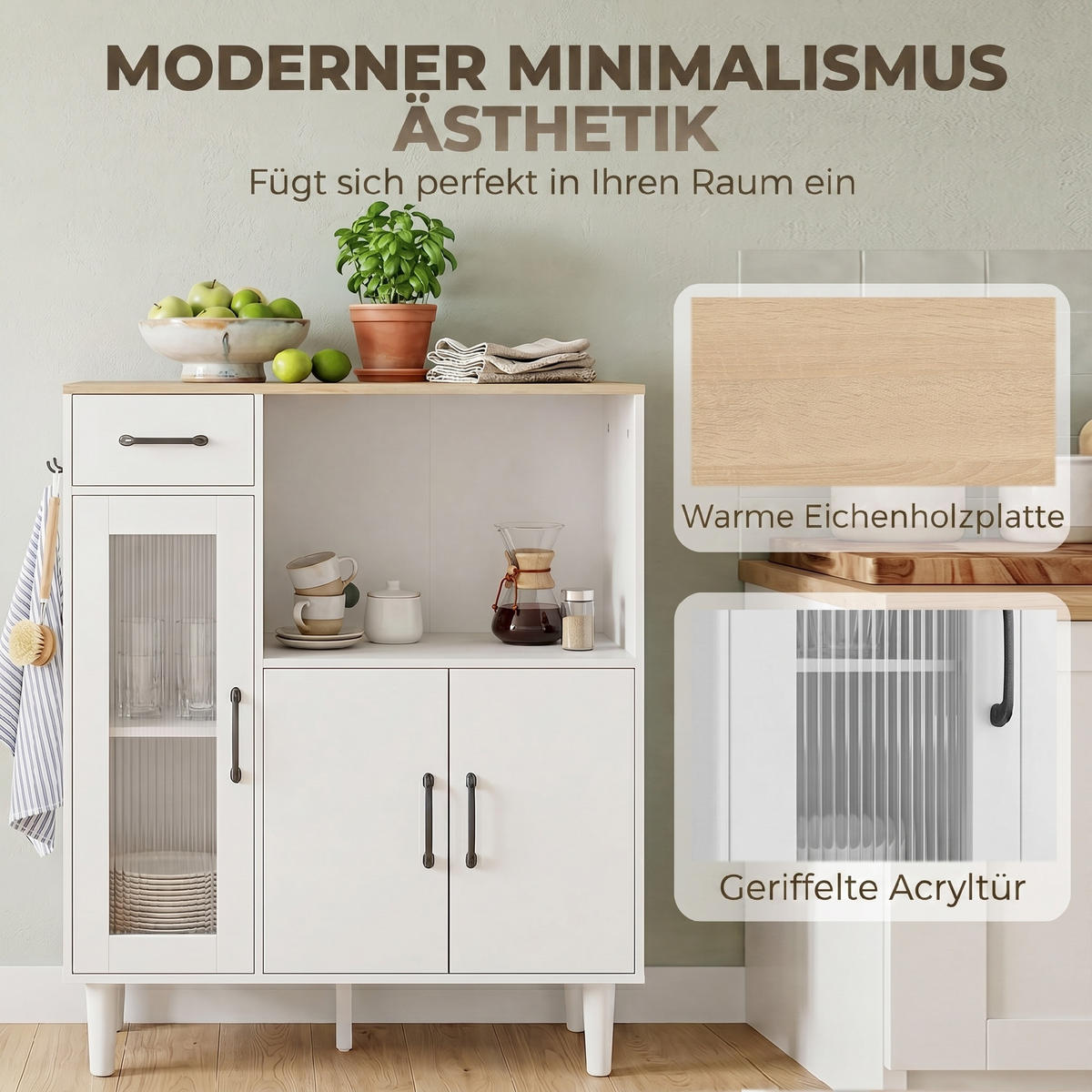 SIDEBOARD Weiß/Eiche, mit Acrylglastür, 80/34/91 cm - Weiß, Holz (80/91/34cm) - PANGIVO