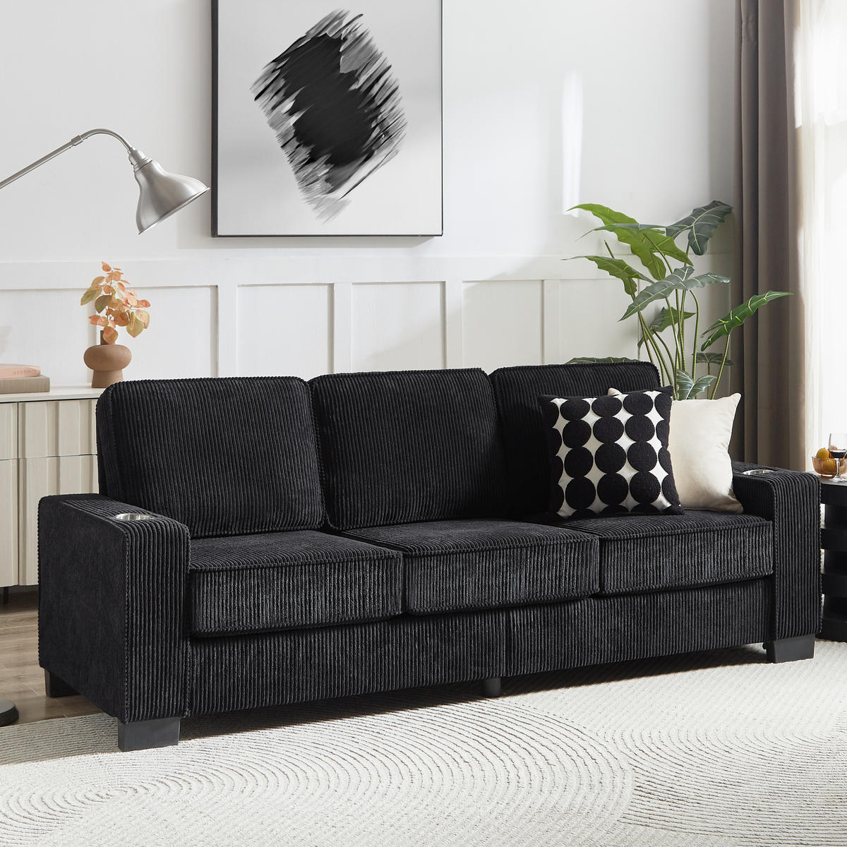 3-SITZER-SOFA DE-35029 mit Getränkehaltern Schwarz - Schwarz, Textil (72/86/206cm) - ComfortXL