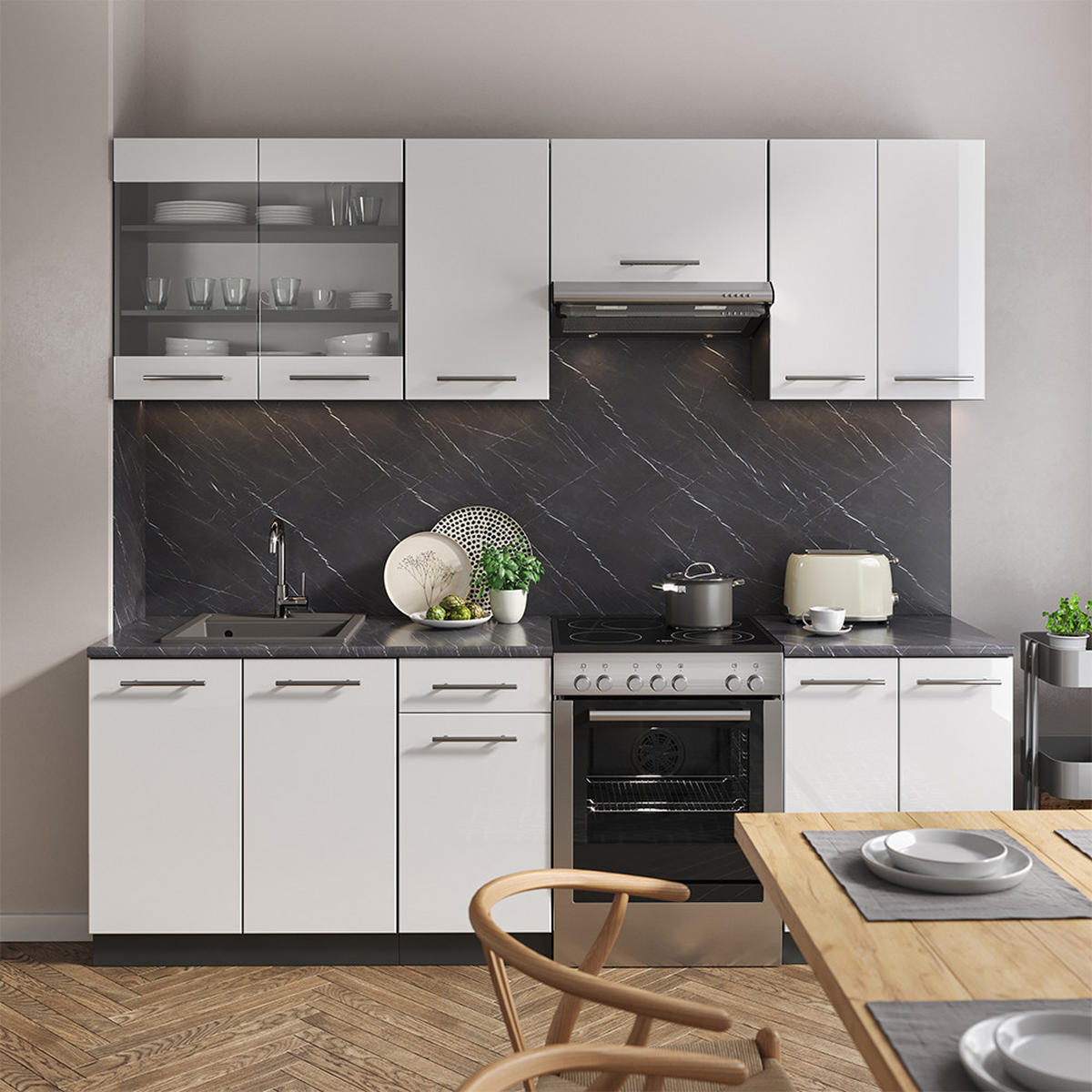 KÜCHENZEILE Fame-Line Weiß Hochglanz/Anthrazit 240 cm ohne AP - Weiß Hochglanz/Anthrazit, Holzwerkstoff (240/81.6/46cm) - Vicco