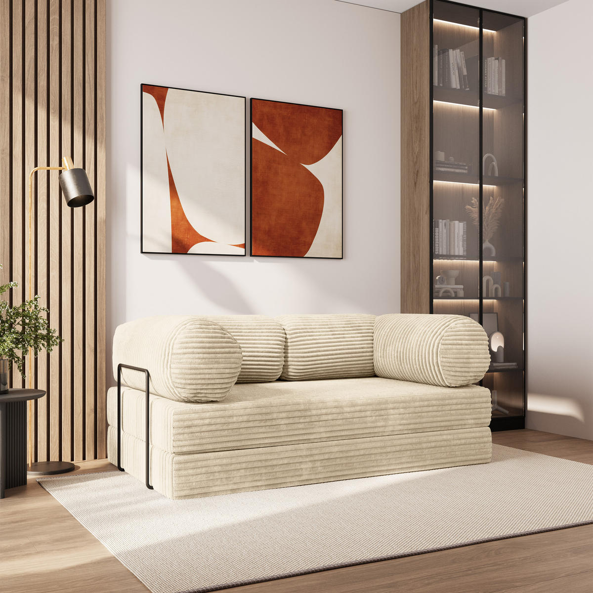 BETTSOFA ALVIO aus Schaumstoff Cordstoff Creme Schlaffunktion - Creme, Textil (170/68/80cm) - MASSENO