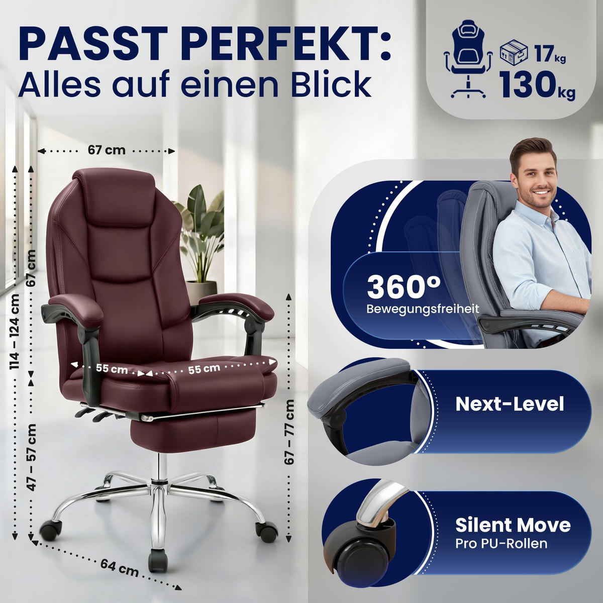 CHEFSESSEL Lederlook Bordeauxrot - Chromfarben/Bordeaux, Textil/Metall (67/114/64cm) - CLP