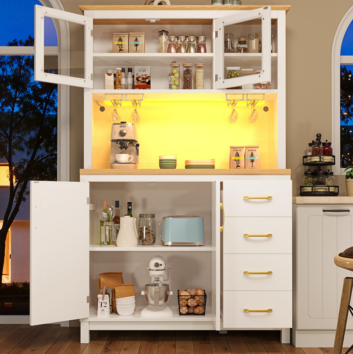 BUFFET ormarić od MDF-a, 105,5/40/180 cm bijeli, s LED rasvjetom i velikim spremišnim prostorom - bijela, drvni materijal (105.5/180/40cm) - BEAOK