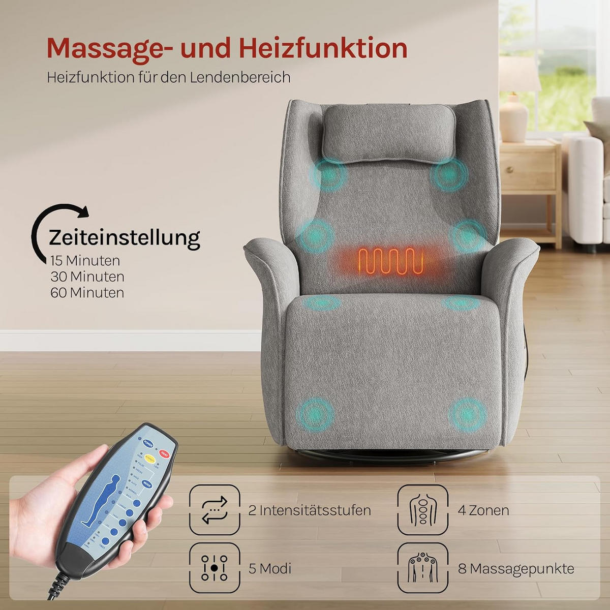 RELAXSESSEL mit Massage, Liegefunktion, Ladeport, Grau - Grau, Kunststoff/Textil (84/97/99cm) - Woltu