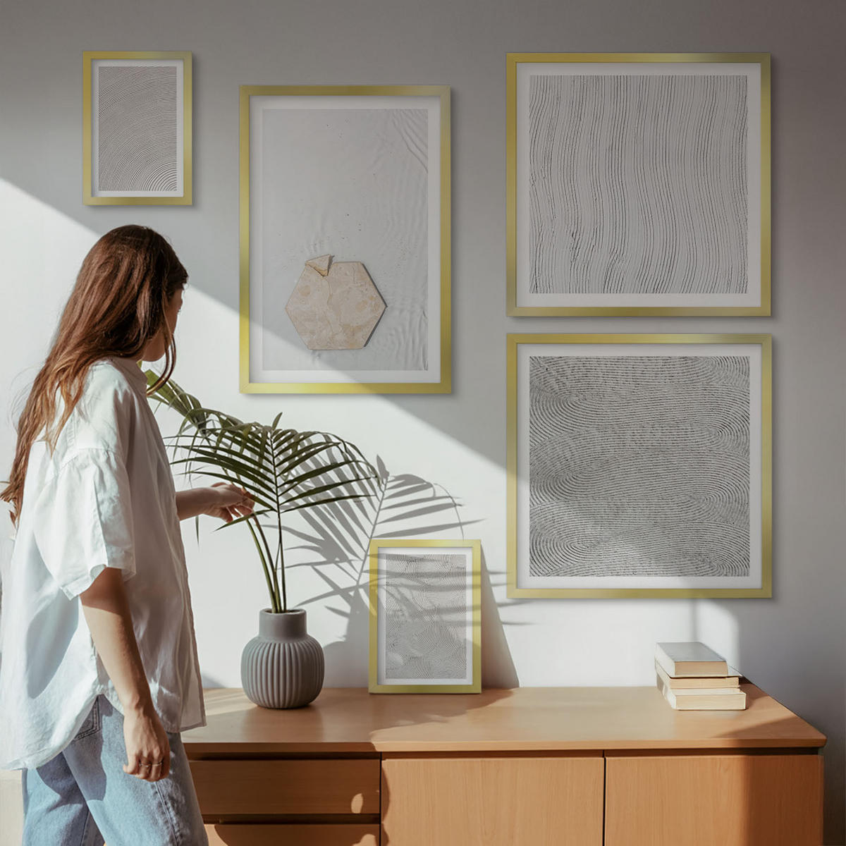 BILDER SET 5er Set - 50x50 cm & 20x30 cm & 40x60 cm Goldrahmen - Leichte Boho-Sandtexturen - Goldfarben, Kunststoff (40/60cm) - TULUP