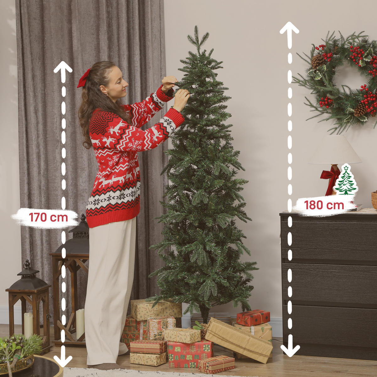 WEIHNACHTSBAUM künstlich 180 cm Christbaum mit 605 dichten Zweigen, 200 LED - Grün, Kunststoff (180cm) - HOMCOM