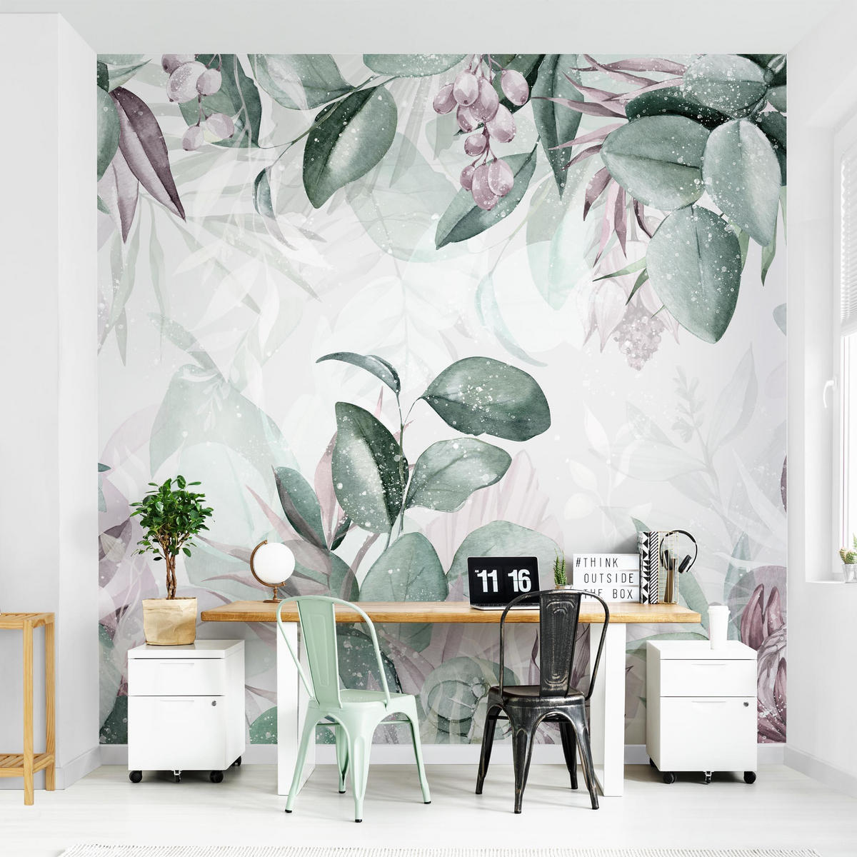 FOTOTAPETE Botanik in Pastell Grün & Rosa 288/288 cm - Grün, Papier (288/288cm) - Bilderwelten