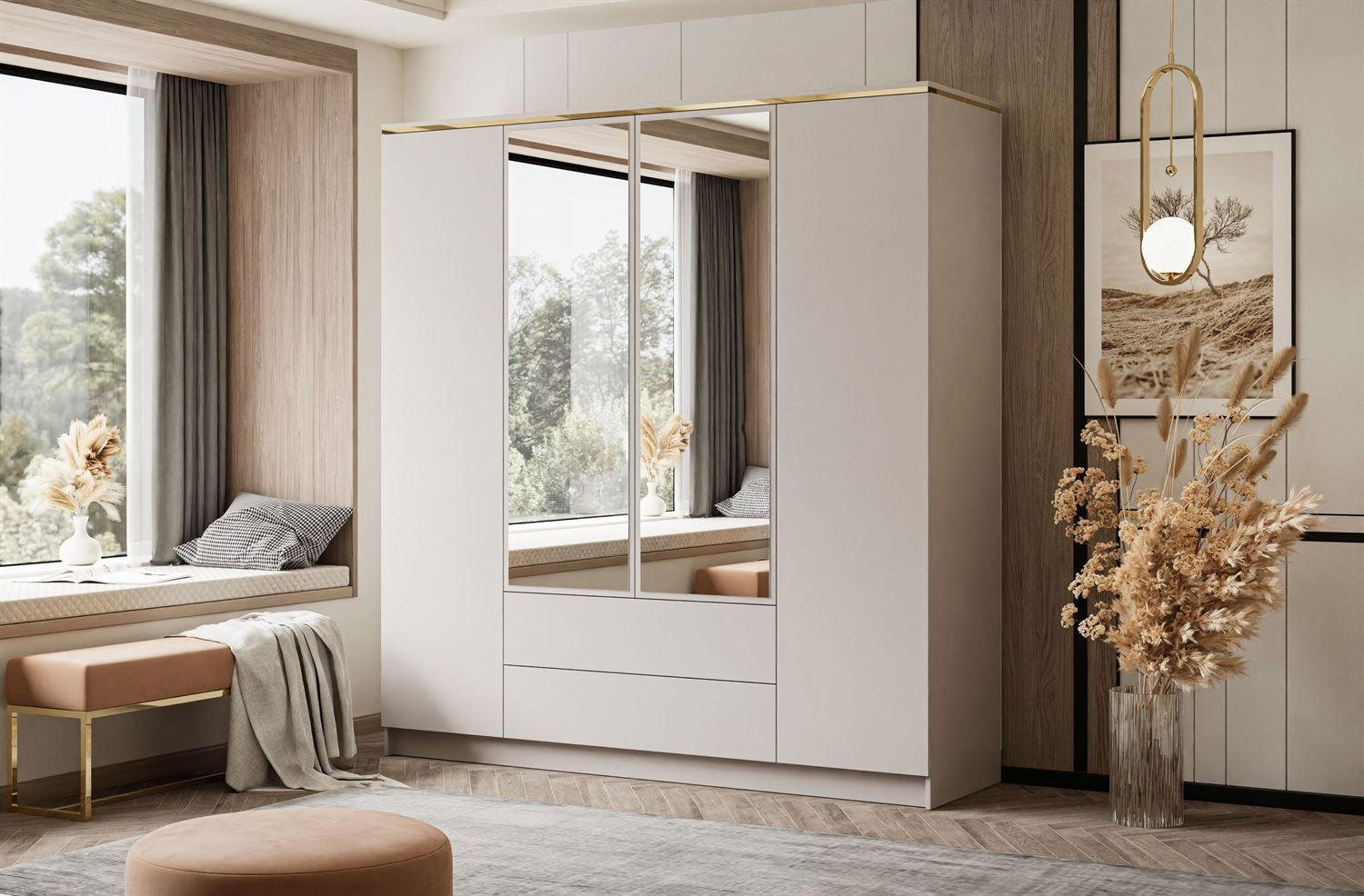 KLEIDERSCHRANK AURORA 4D2SZ in KASCHMIR mit Schubladen mit goldenen Griffen - Kaschmir/Goldfarben, Holzwerkstoff (200/213/57cm) - Lookway