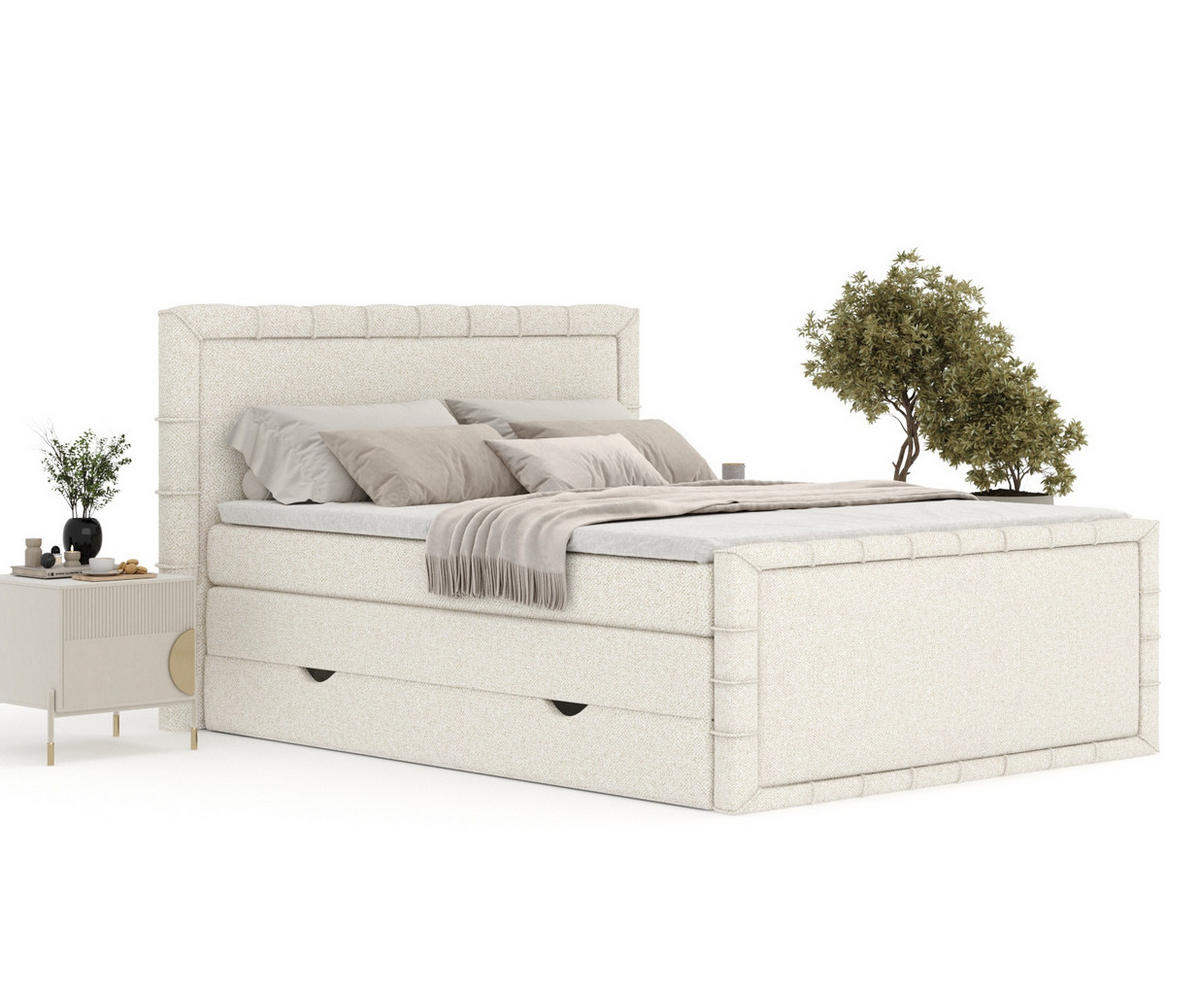 BOXBETT Estelle Creme 140/200 cm im Boucle-Stoff - Creme/Schwarz, Holz/Holzwerkstoff (140/200cm) - Maison de Reve