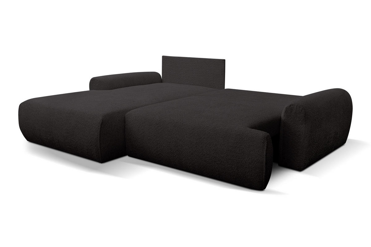 ECKSOFA Moon in L-Form mit Schlaffunktion und Bettkasten, Farbe: Schwarz, Bouclé-Stoff, Ottomane Links - Schwarz, Textil (136/260cm) - VENASI MÖBEL
