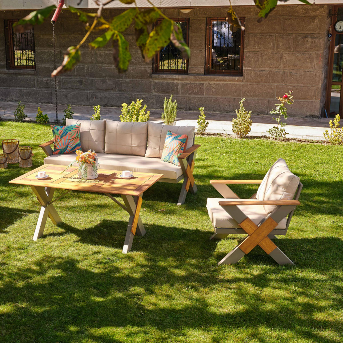 GARTENMÖBEL-SET 4-tlg. aus Irokoholz Lotus Beige - Beige, Holz/Metall - Gowoll