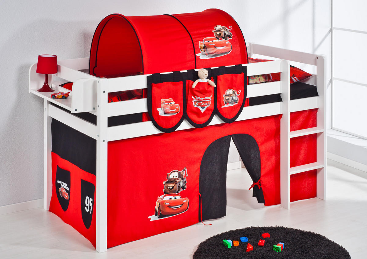 HOCHBETT JELLE mit CARS Vorhang - Kinderbett - Weiß, Holz - Lilokids