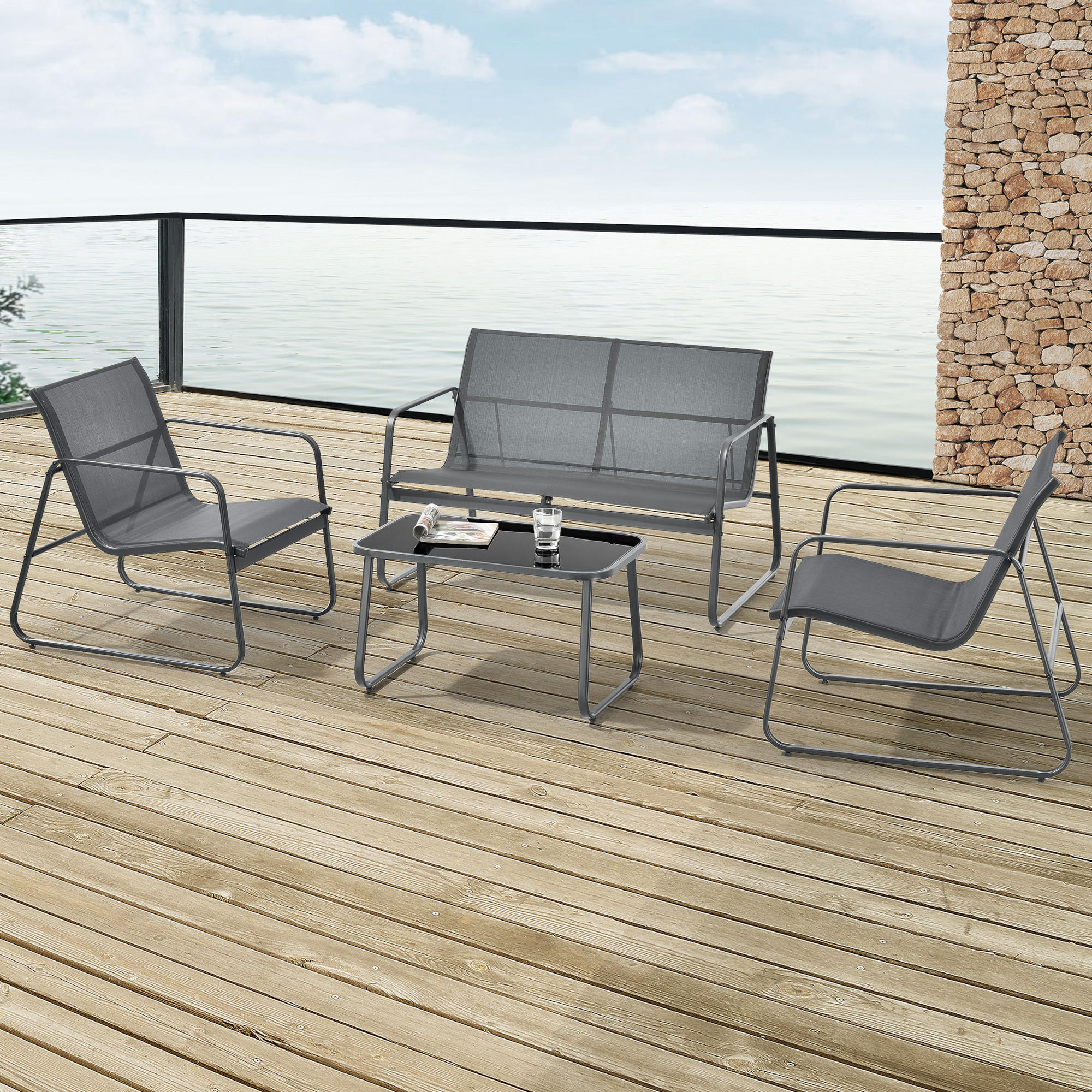 GARTENMÖBEL-SET 4 TLG. Anzi - Grau, Glas/Textil - casa.pro