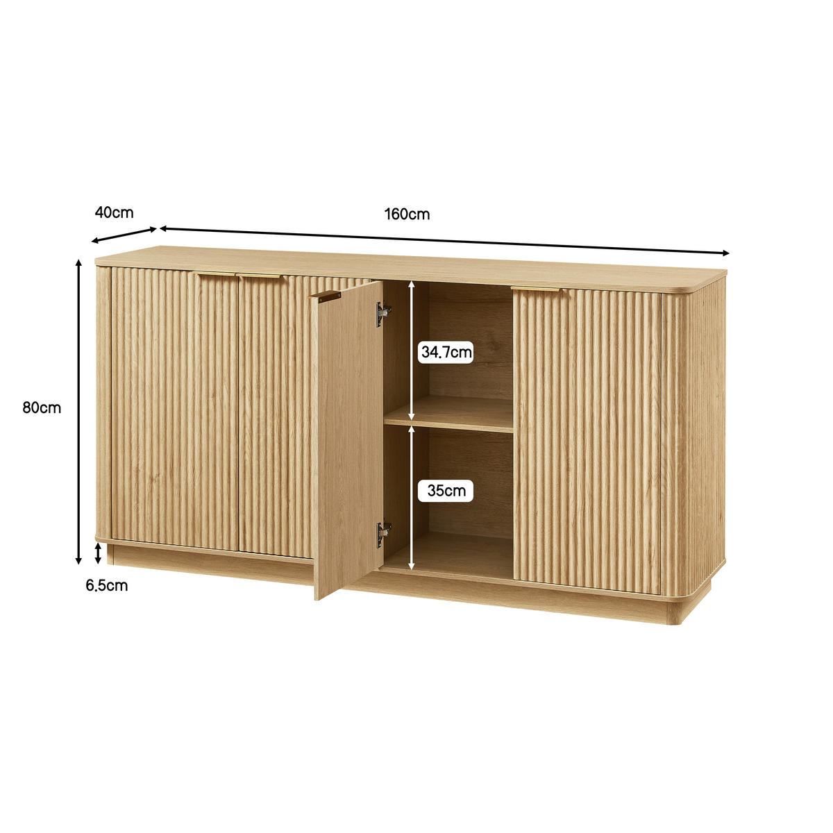 SIDEBOARD aus MDF 160x40x80 cm Eiche mit 4 Türen, Stauraum und Wellenfront - Eichefarben, Holzwerkstoff (160/80/40cm) - Modfu