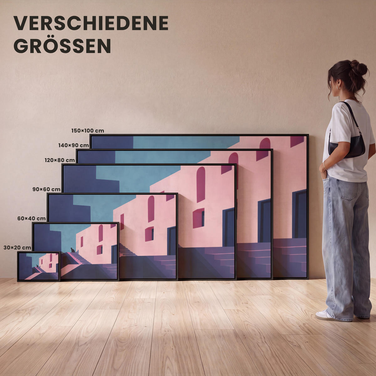 LEINWAND Bilder mit Rahmen - Katze - Treppe - Gebäude - Schattenkontraste - 150x100 - Dunkelblau, Textil (150/100cm) - MuchoWow