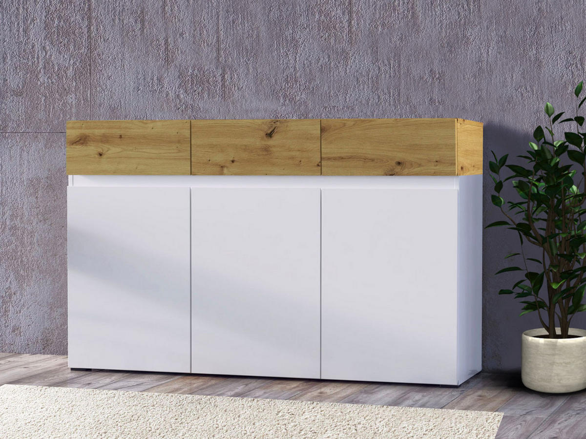 SIDEBOARD Rimini weiß / Eiche Artisan 135 / 40 / 86cm - Eichefarben/Weiß, Holzwerkstoff (135/86/40cm) - Feldmann-Wohnen