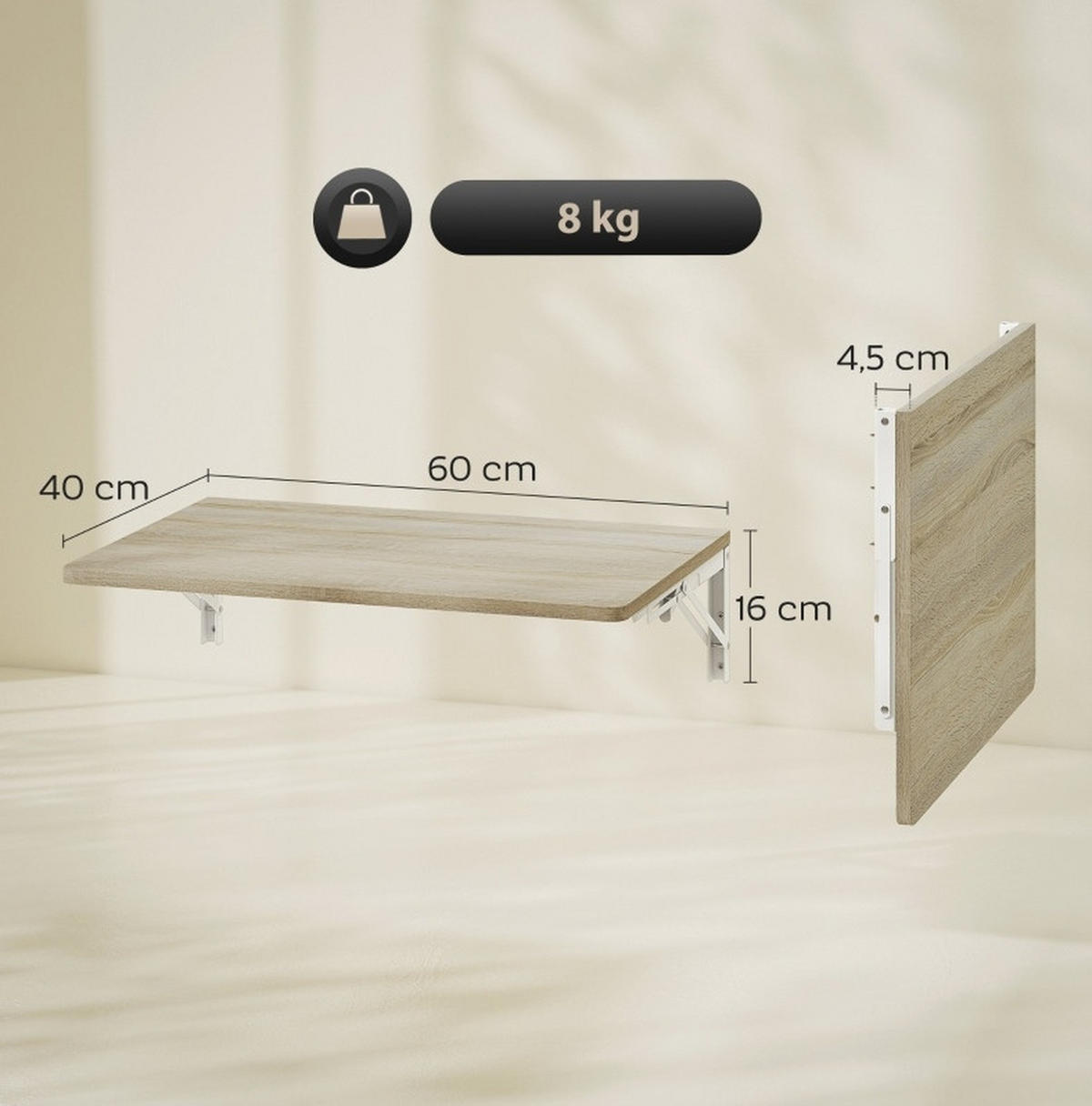 WANDKLAPPTISCH 60/40 cm aus Holz und Metall, klappbar und platzsparend, Eiche - Eichefarben, Holzwerkstoff (60/16/40cm) - Redom