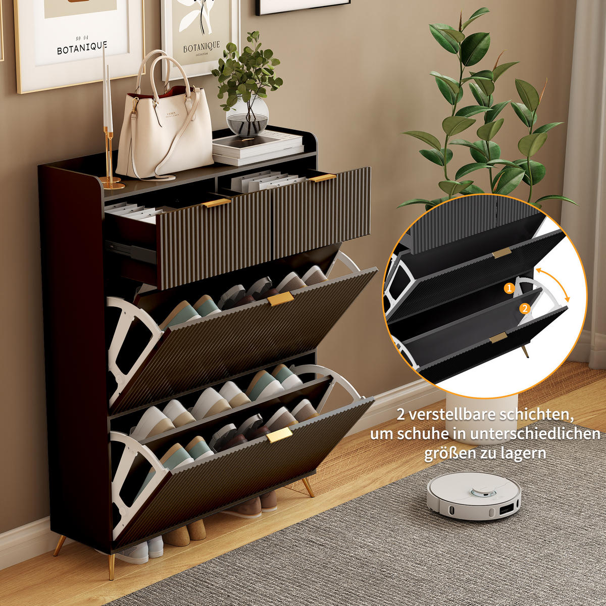 SCHUHSCHRANK schwarz platzsparend mit klappfächern - Schwarz, Holzwerkstoff (24/110/80cm) - SHOPENTRA