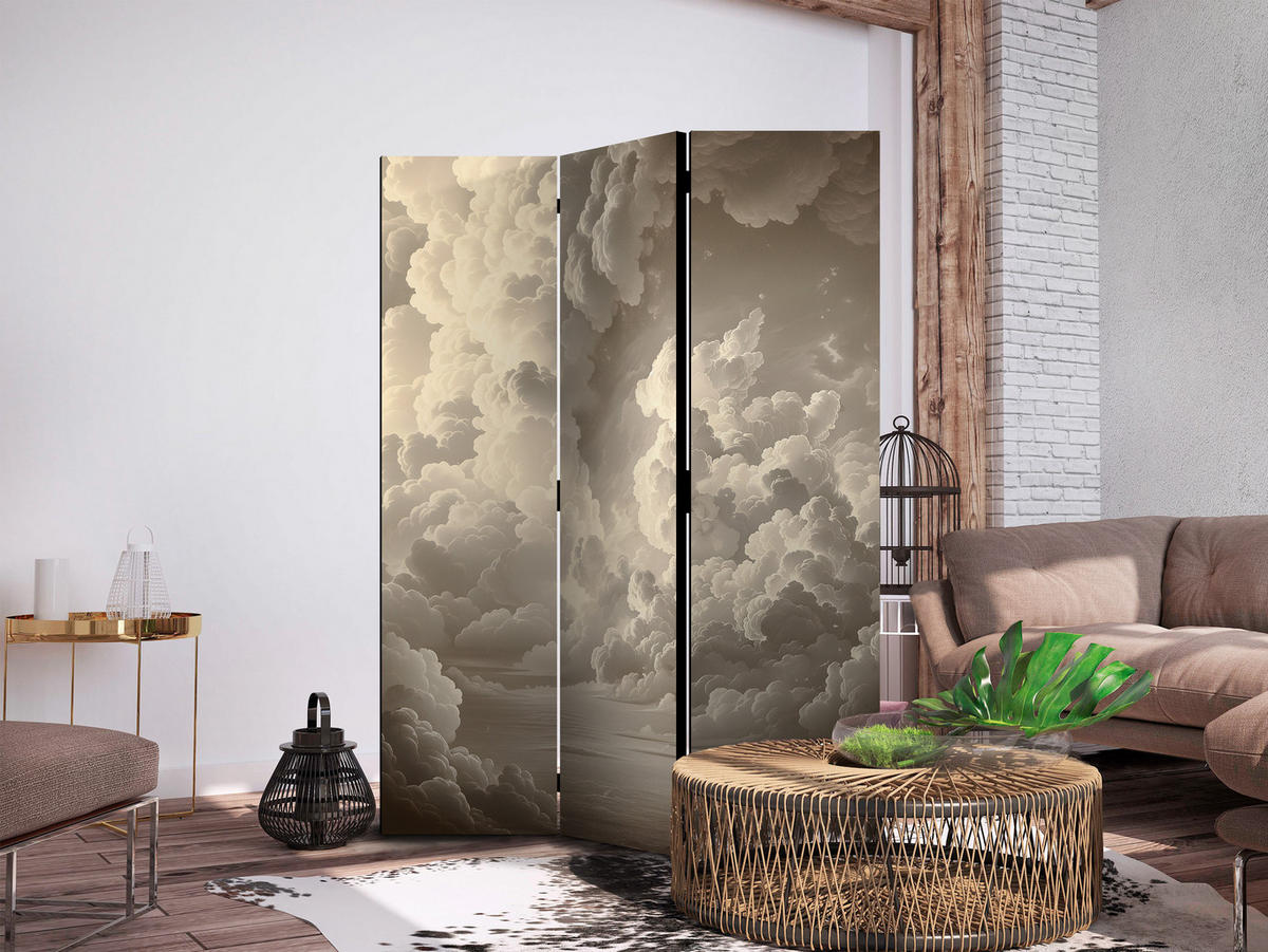 PARAVENT Akustik 3-tlg 135x172 cm Beige Wolken im Boho - Beige, Holz/Textil (135/172/3cm) - Muralo