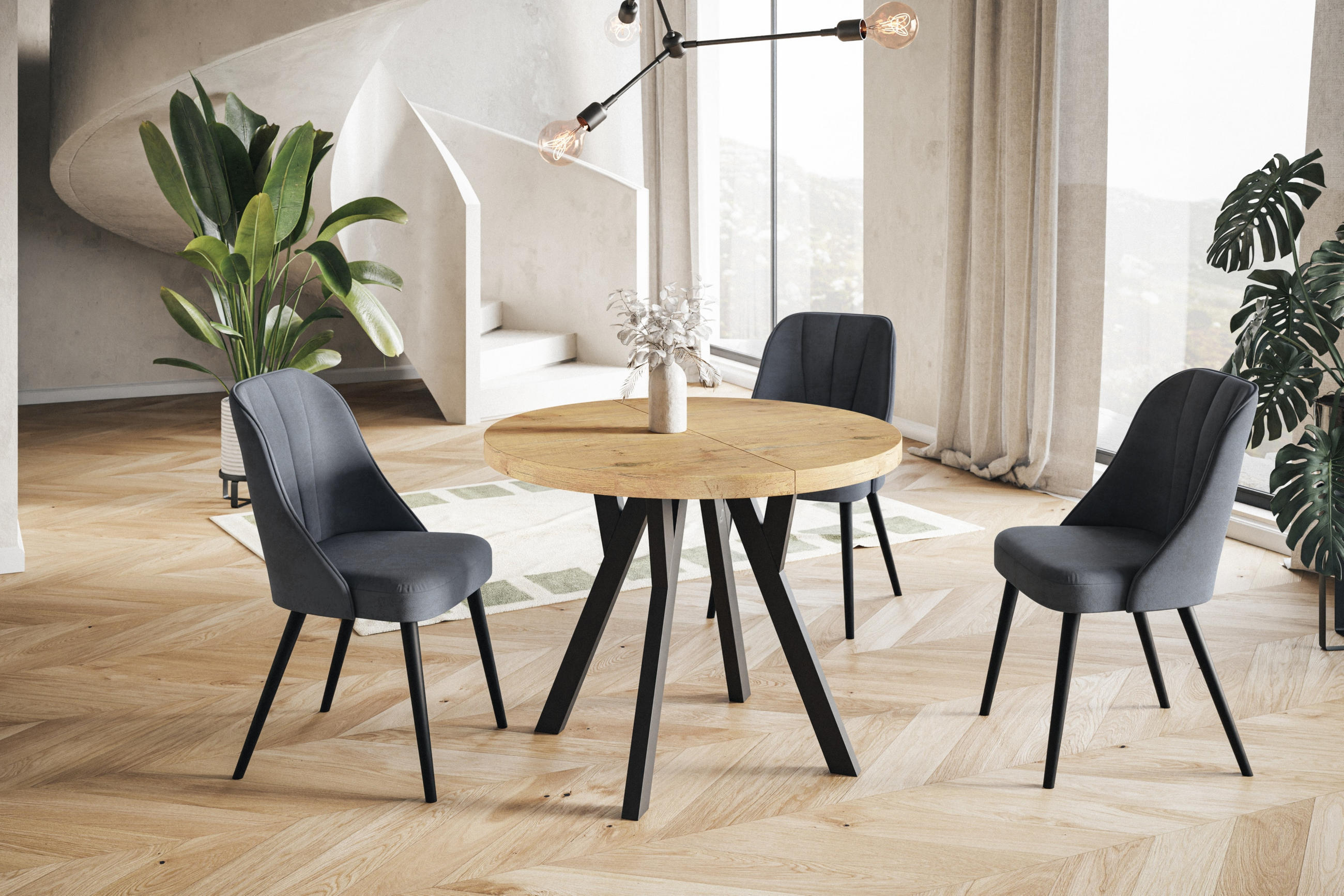 ESSZIMMERTISCH OVO, ausziehbarer Tisch 120 cm bis 220 cm, Farbe: LANCELOT, mit Holzbeinen in Farbe Schwarz - Beige/Schwarz, Holzwerkstoff (120/120/77cm) - Alpi-Möbel