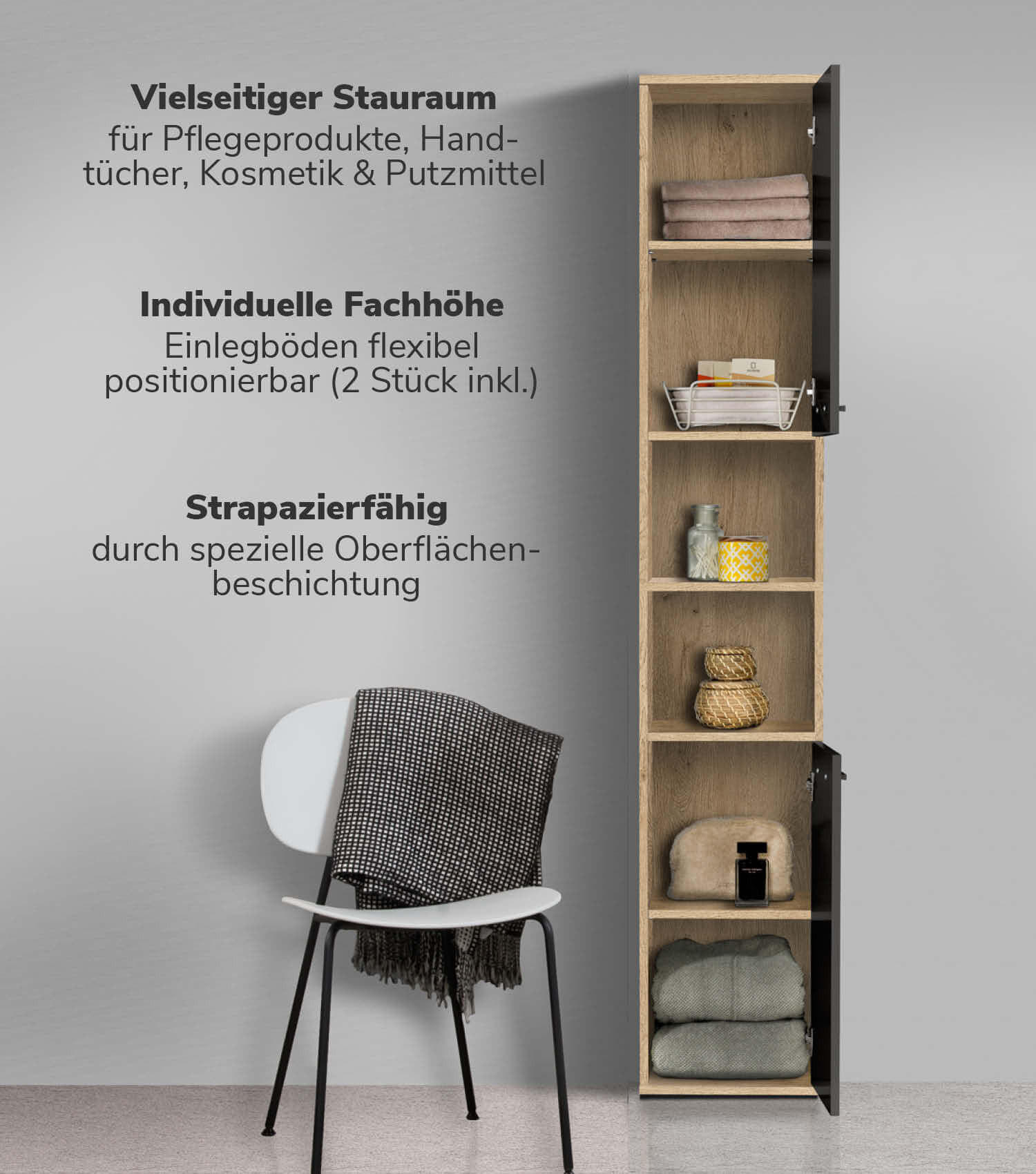 BAD HOCHSCHRANK Der Kapitän - Anthrazit, Holzwerkstoff (33/180/34cm) - Mokebo