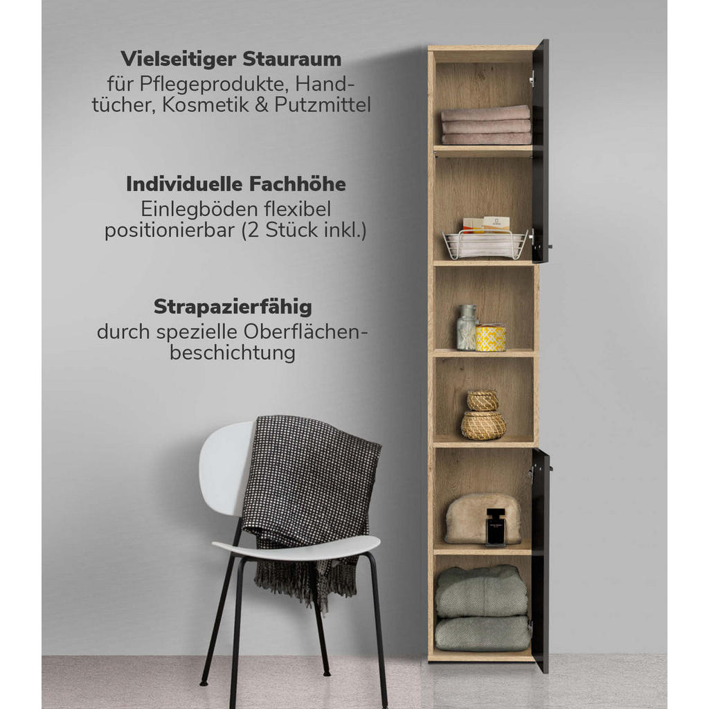 Thumbnail - Mokebo Bad, Anthrazit, Holzwerkstoff, 2 Fächer, 33x180x34 cm, Badezimmer, Badezimmerschränke, Hochschränke