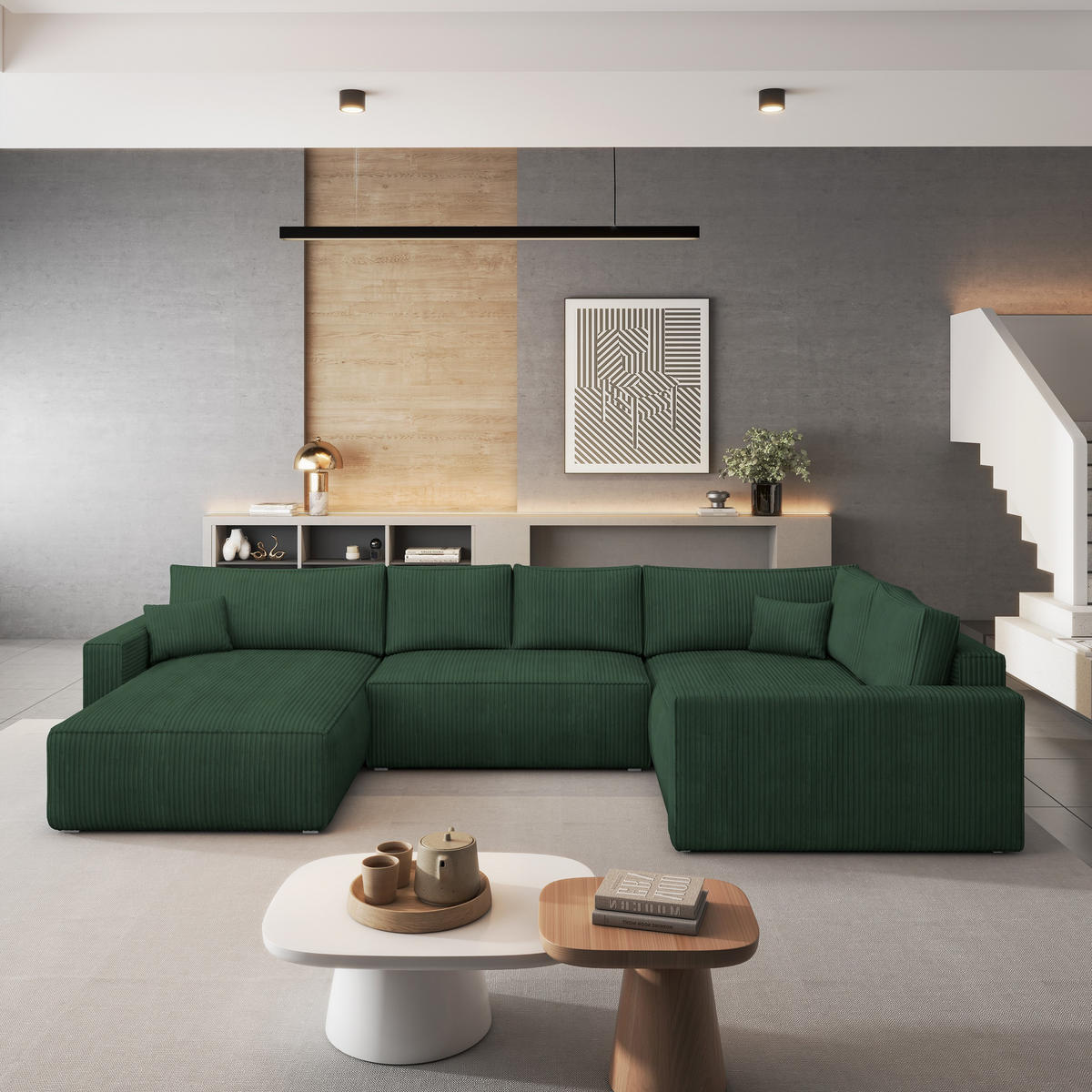 ROHOVÁ SEDAČKA VELAMI zelená barva - šedá/zelená barva, dřevo/textil (365/194cm) - MASSENO