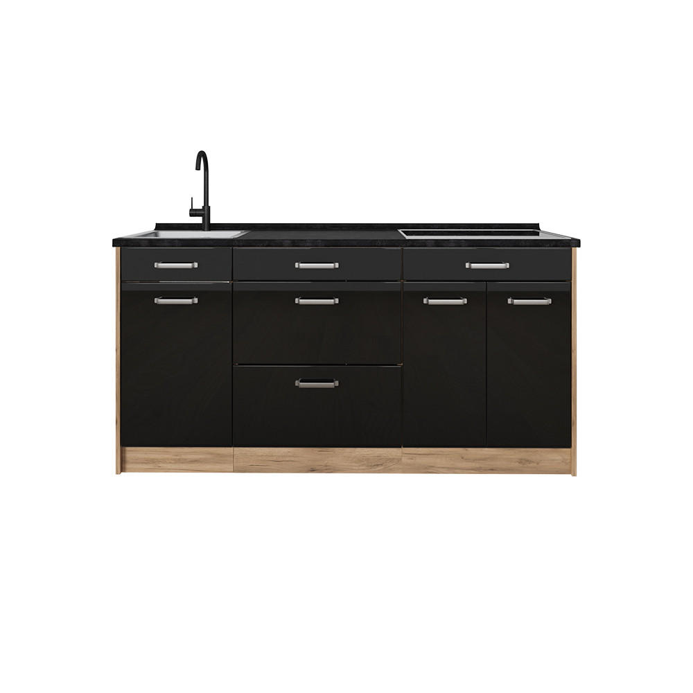 Vicco Küchenblock Schwarz Hochglanz, Eiche 160x81.6x60 cm