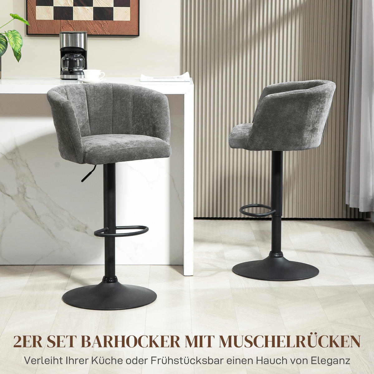 2ER-SET Barhocker, Bistrohocker mit Fußstütze, Drehbar Barstuhl Höhenverstellbar - Dunkelgrau/Schwarz, Kunststoff/Textil (53/110/59cm) - HOMCOM