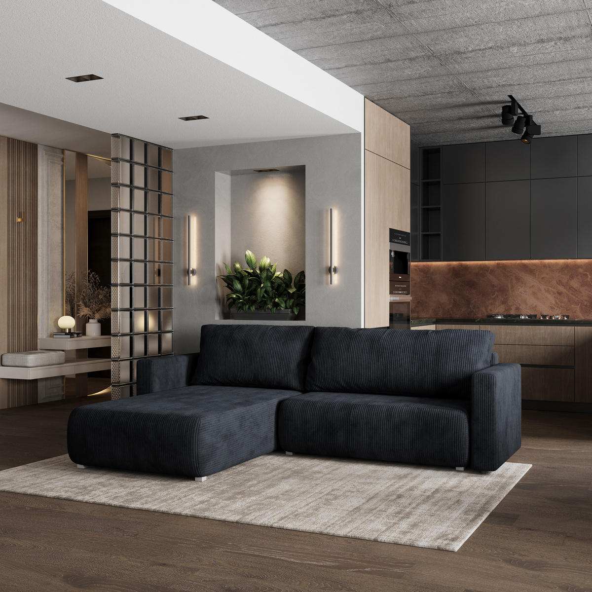 ROHOVÁ SEDAČKA TURIN černá - šedá/černá, dřevo/textil (265/183cm) - MASSENO