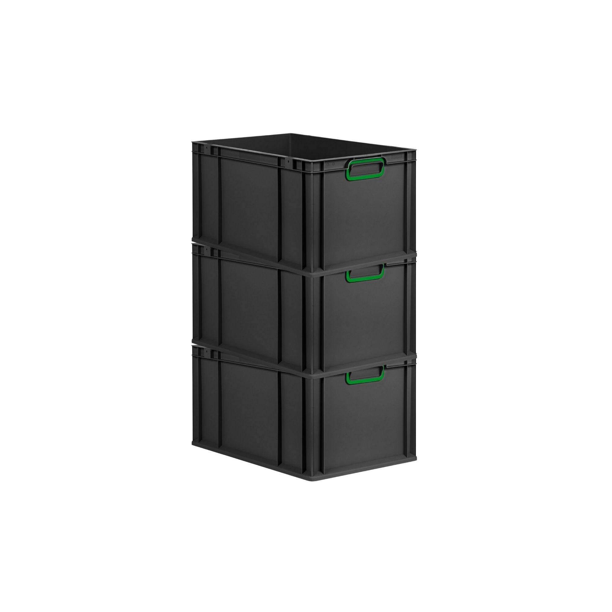 EUROBOX 3x NextGen Color 32x40x60 cm 65 Liter Griffe grün zu, Schwarz - Schwarz/Grün, Kunststoff (40/32/60cm) - PROREGAL