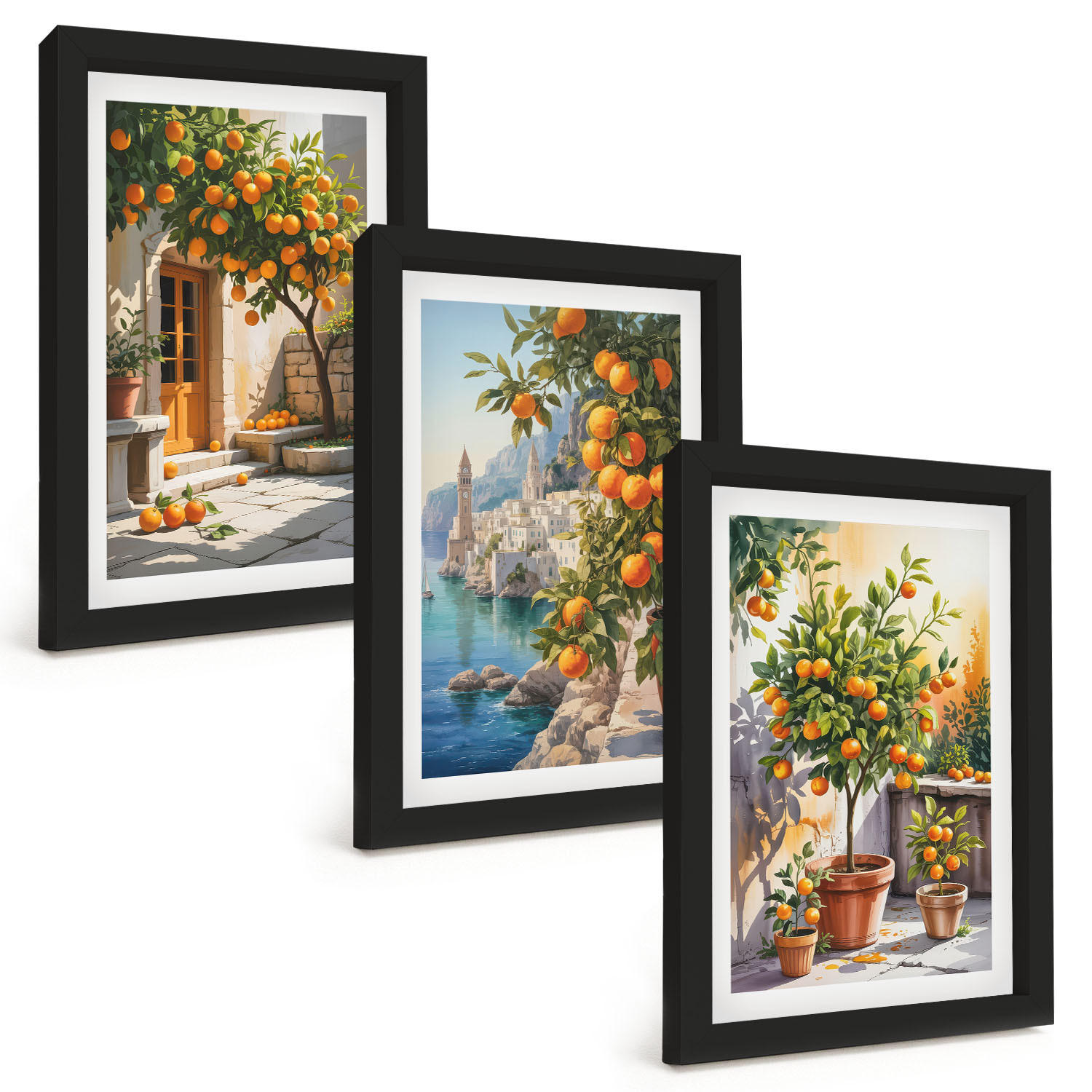 BILDER SET 3er Set - 20x30 cm Schwarzer Rahmen - Gemalte Zitruslandschaften - Schwarz, Kunststoff (20/30cm) - TULUP