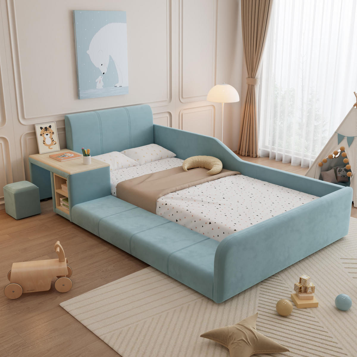 POLSTERBETT 90/200 cm aus Samt mit Schreibtisch und Hocker Blau/Naturfarben - Blau, Textil (90/200cm) - Modenvie