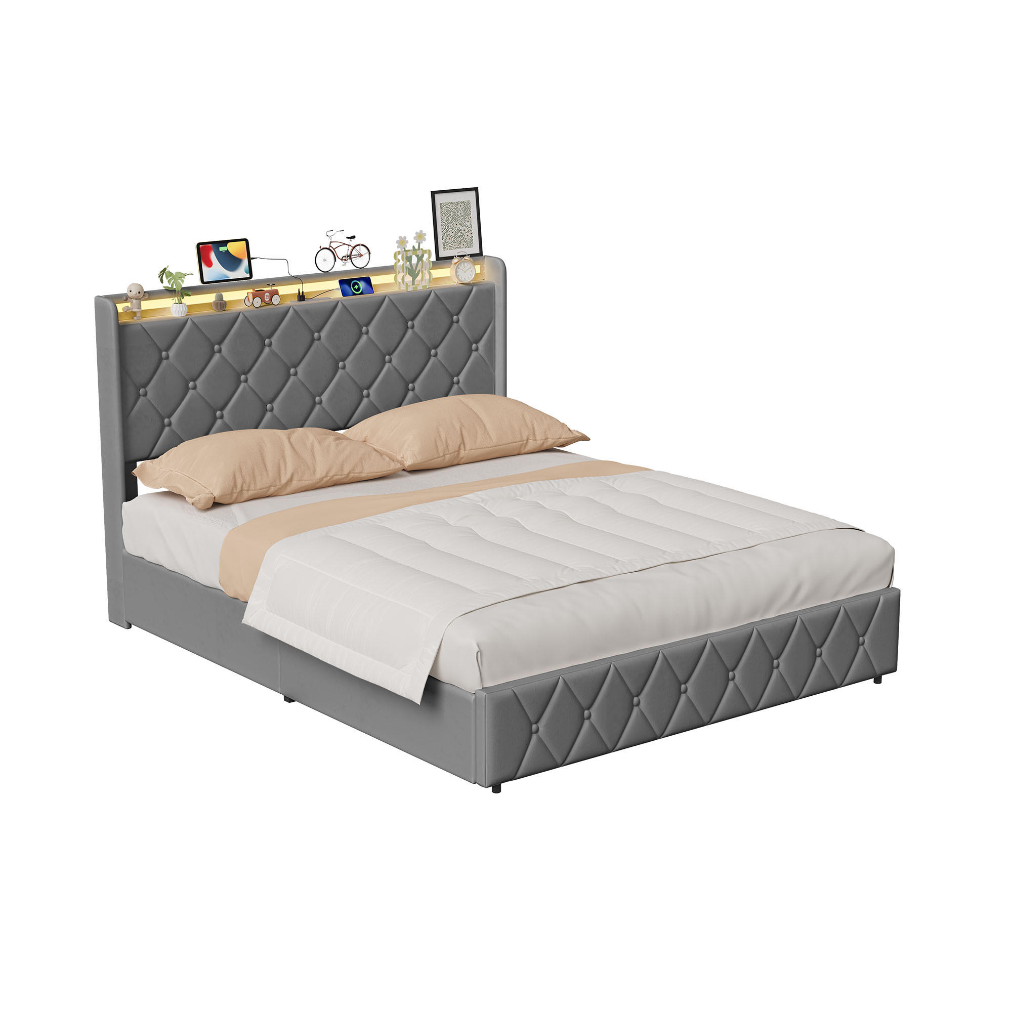 POLSTERBETT 140x200 cm Samt mit LED, USB-C und Stauraum - Dunkelgrau, Holz (140/200cm) - SHOPENTRA