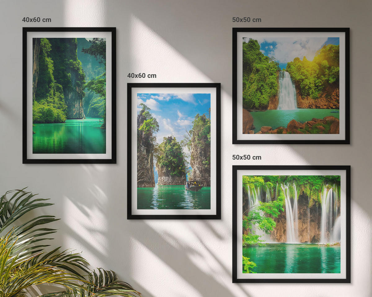 BILDER SET 4er Set - 50x50 cm & 40x60 cm Schwarzer Rahmen - Grüne Landschaften, Wasserfälle - Schwarz, Kunststoff (50/50cm) - TULUP