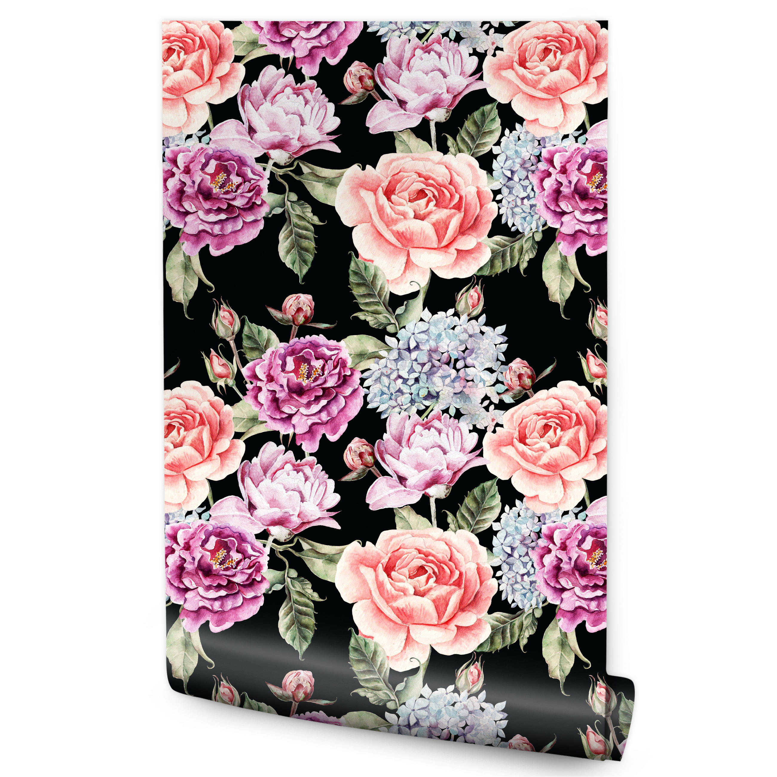 VLIESTAPETE Rosen und Pfingstrosen – Rosa, Grün, Schwarz – 50x1000 cm - Schwarz/Rosa, Papier (50/1000cm) - Muralo