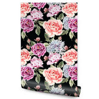 VLIESTAPETE Rosen und Pfingstrosen – Rosa, Grün, Schwarz – 50x1000 cm - Schwarz/Rosa, Papier (50/1000cm) - Muralo