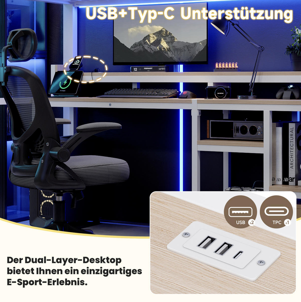 HOCHBETT Metall & MDF 90x200 cm Weiß mit Leiterschrank, Ablagefach, LED sowie USB + Typ-C - Weiß, Holzwerkstoff (90/200cm) - Modfu