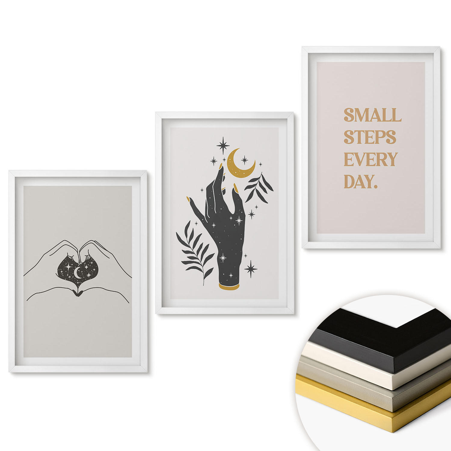 WANDBILDER 3er-Set - 40x60 cm Weißer Rahmen - Minimalistische Boho-Illustrationen - Weiß, Kunststoff (40/60cm) - ArtPrintCave