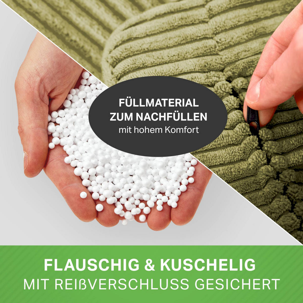 SITZSACK XXL "Square" aus Cord – 370 L - Grün, Textil (140/25/180cm) - Green Bean