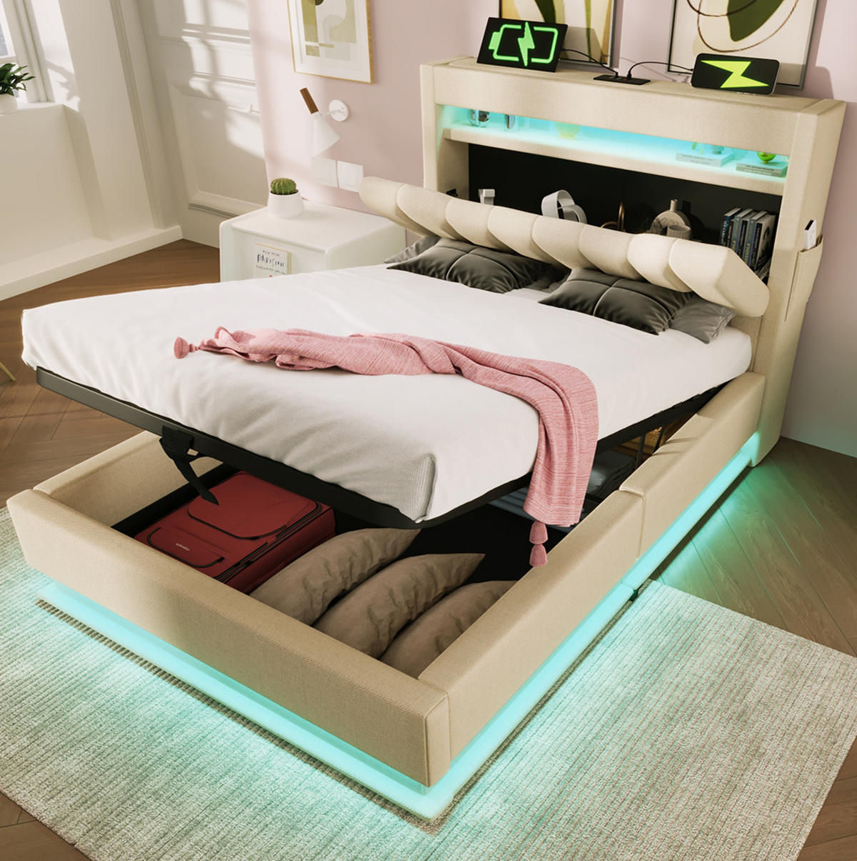 POLSTERBETT mit Stauraum 90x200 cm Leinen Beige mit LED und USB - Beige, Metall (90/200cm) - Meubliv