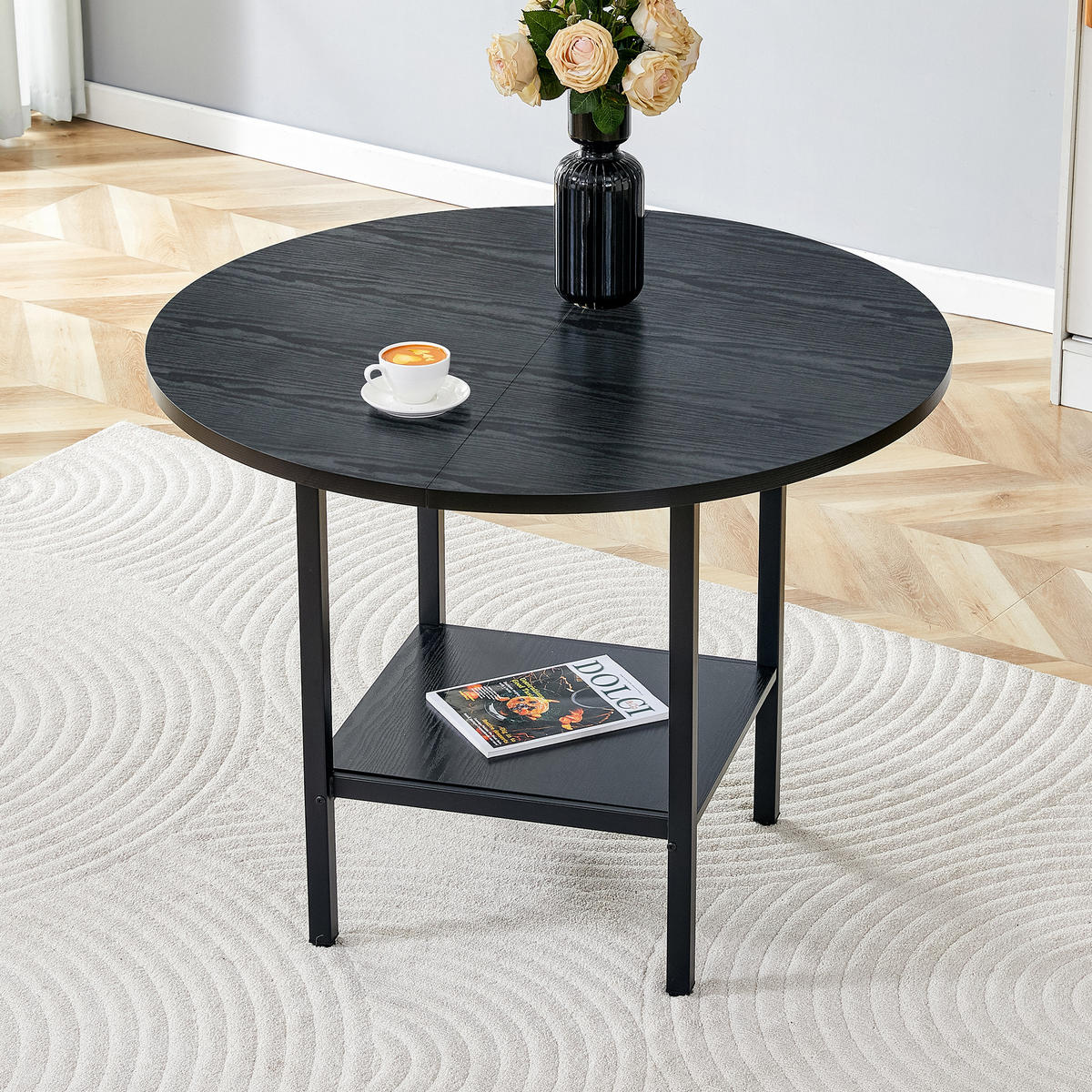 ESSTISCH 100/100/77 cm schwarz aus MDF und Metall mit Stauraumablage - Schwarz, Holzwerkstoff (100/100/77cm) - OKWISH