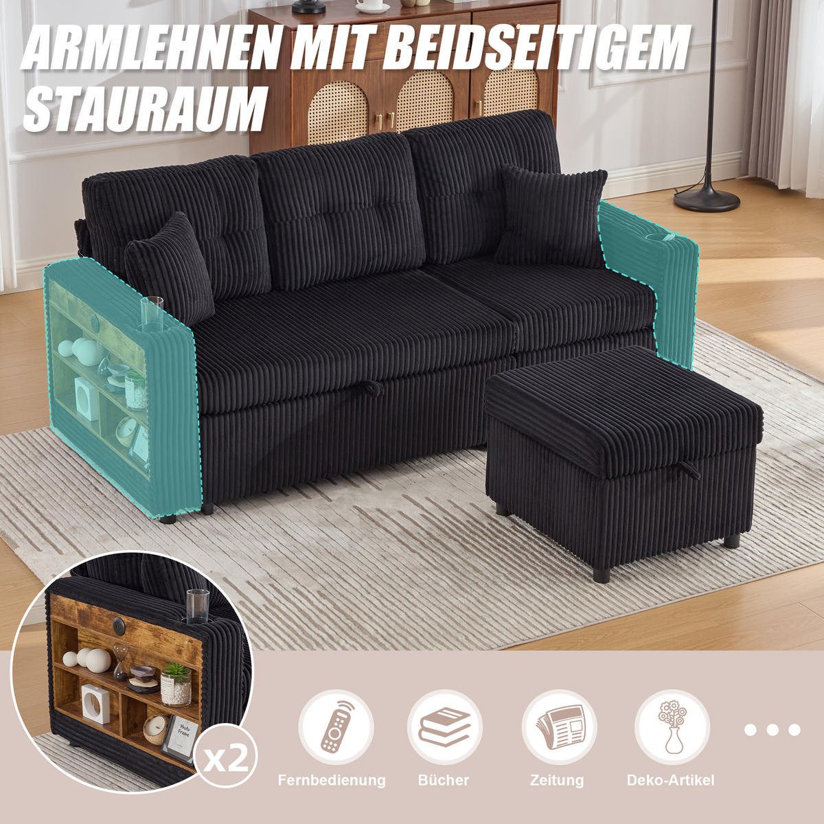 SCHLAFSOFA Cord Schwarz mit Stauraum, Schlaffunktion und LED - Schwarz, Holzwerkstoff/Textil (196/85/144cm) - WISHDOR