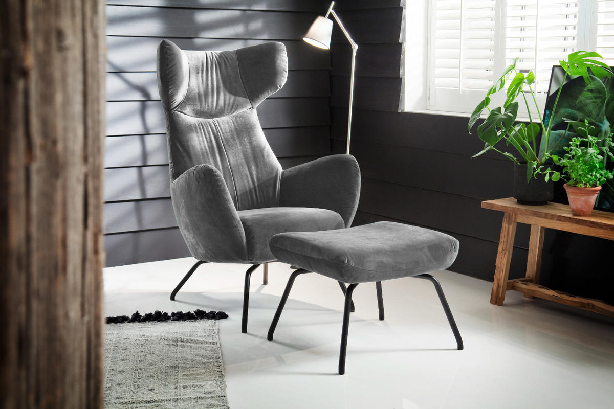 SESSEL MIT HOCKER LOTTE Silber Velvet - Silberfarben/Schwarz, Textil (79/117/82cm) - KAWOLA