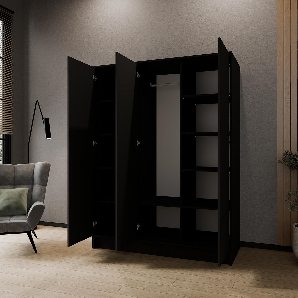 KLEIDERSCHRANK Mono Grifflos im Skandi-Stil, Schwarz 150/200/51 cm - Schwarz, Holzwerkstoff (150/200/51cm) - WFL GROUP