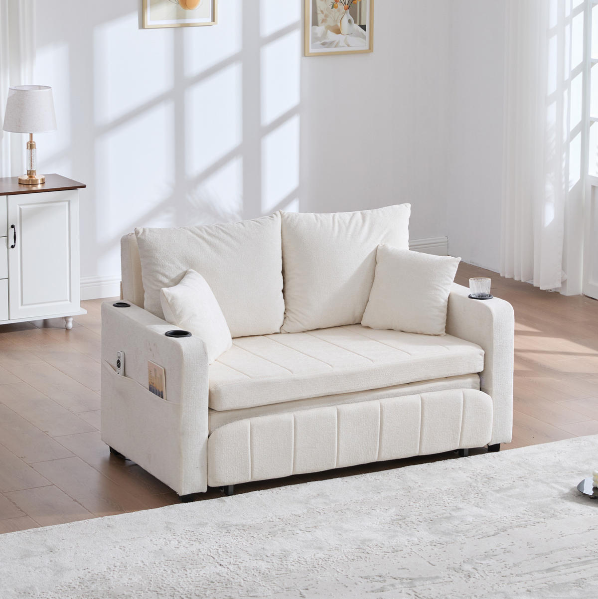 SCHLAFSOFA ausziehbar 139 x 83 cm Chenille Beige - Beige, Holzwerkstoff (139/83/73cm) - Meubliv