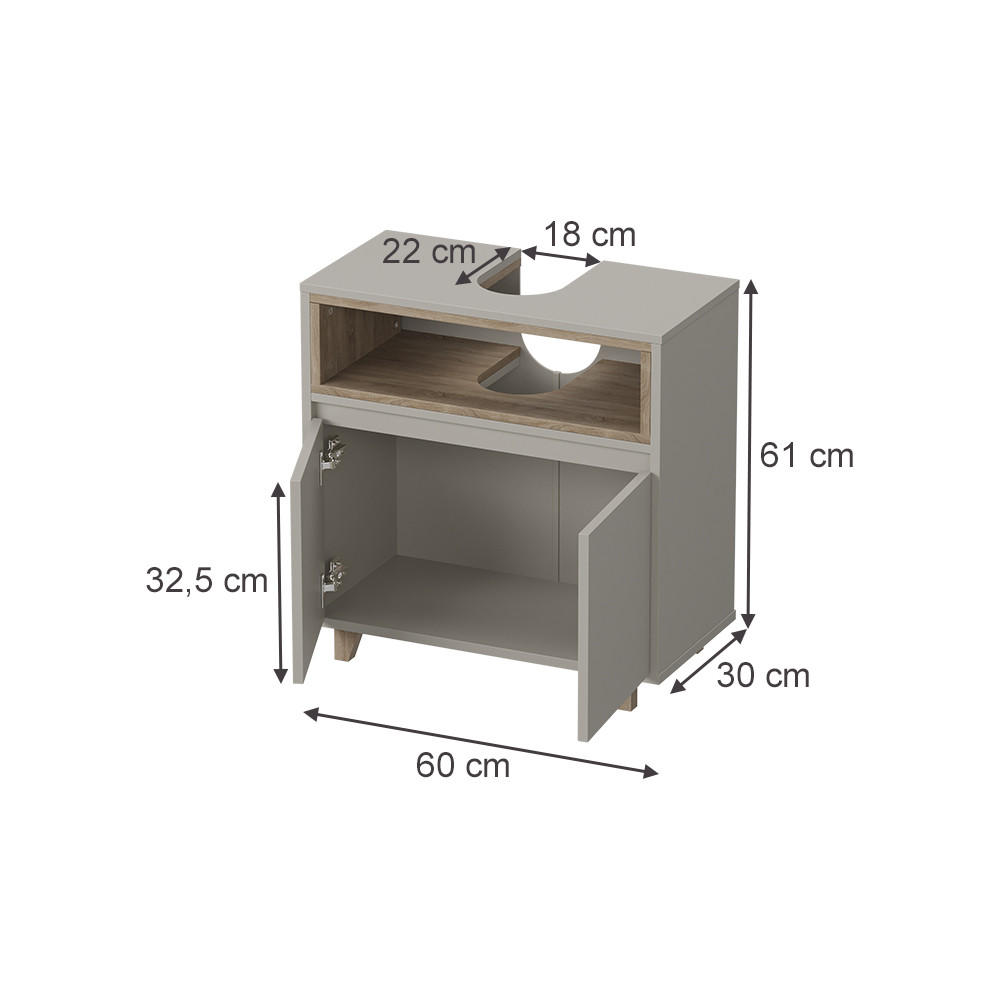 WASCHBECKENUNTERSCHRANK Elnor Greige/Eiche 60 x 61 cm mit 2 Türen - Greige/Eichefarben, Holzwerkstoff (60/61/30cm) - Vicco
