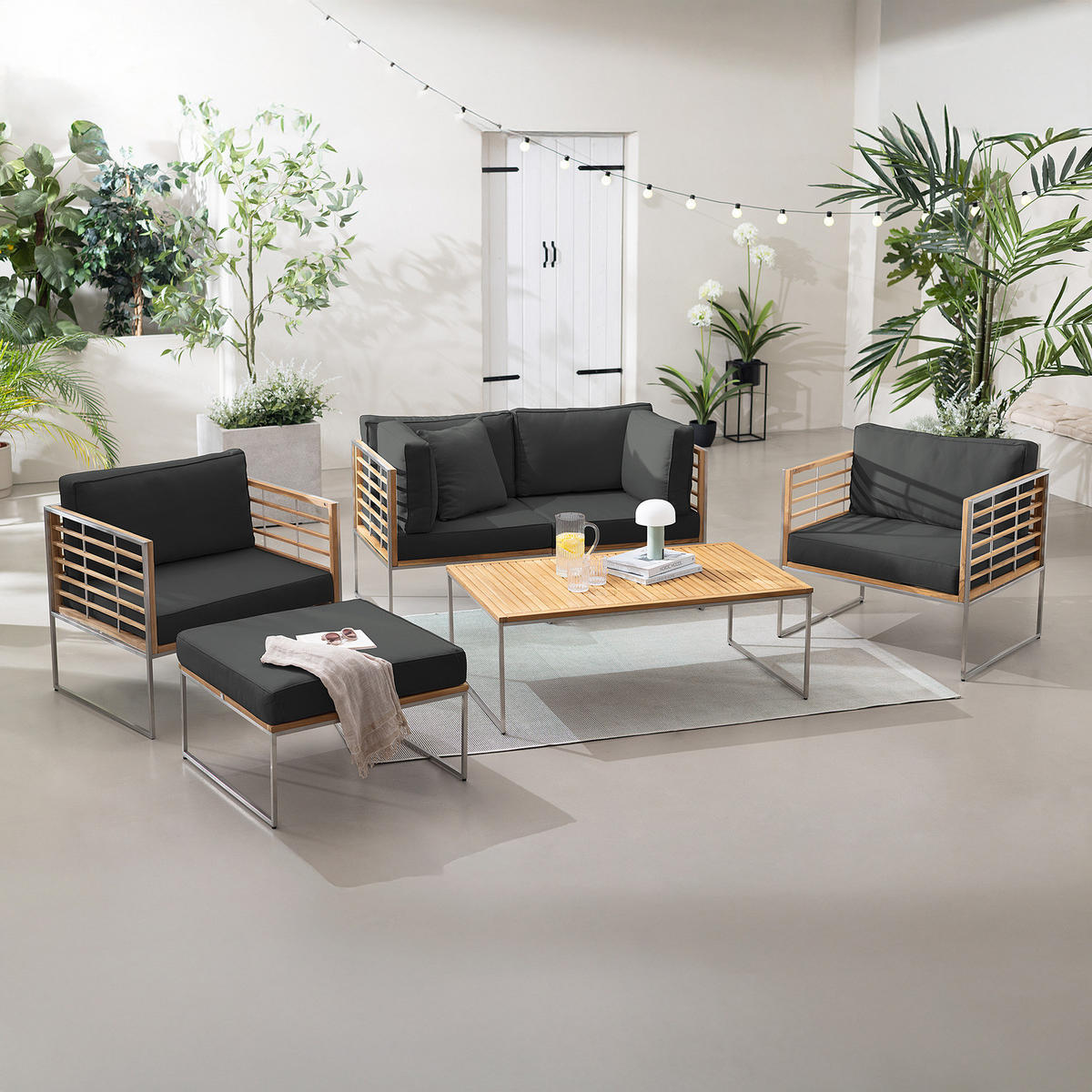 LOUNGEHOCKER - Webstoff / Teak massiv - Anthrazit, Holz/Textil (70/43/70cm) - home24